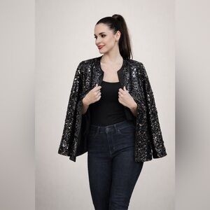 Vintage Maggy London Black Sequin Jacket Blazer - Late 80s Early 90s Large / XL